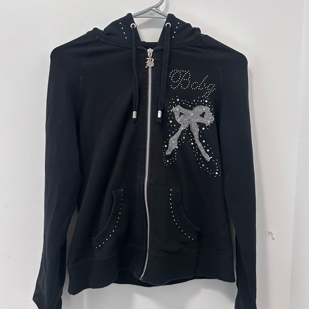 Black BCBG Maxazria Hoodie with Silver Bow and Rhinestones